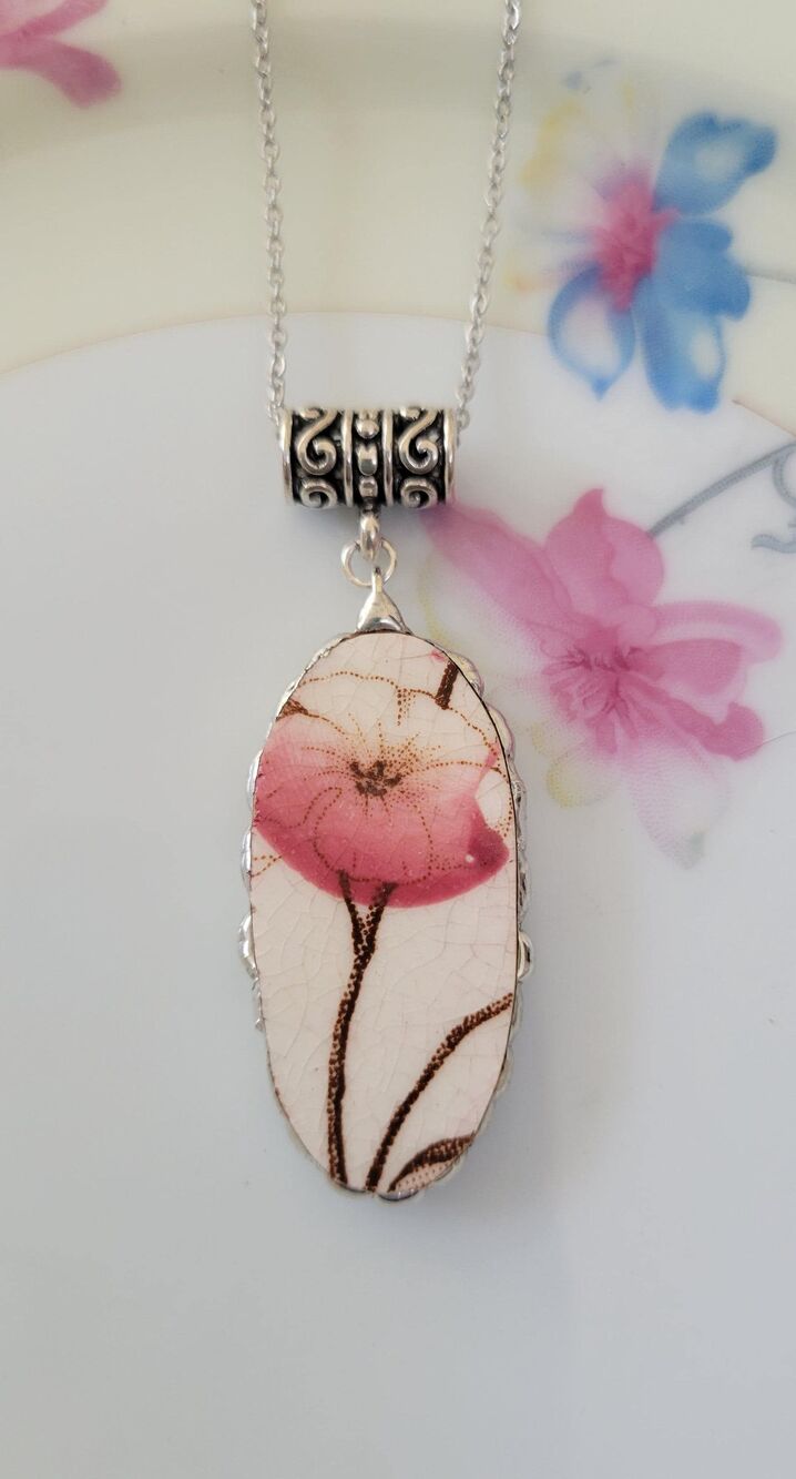 Morning Glory Broken China Necklace, Pink Floral Pendant